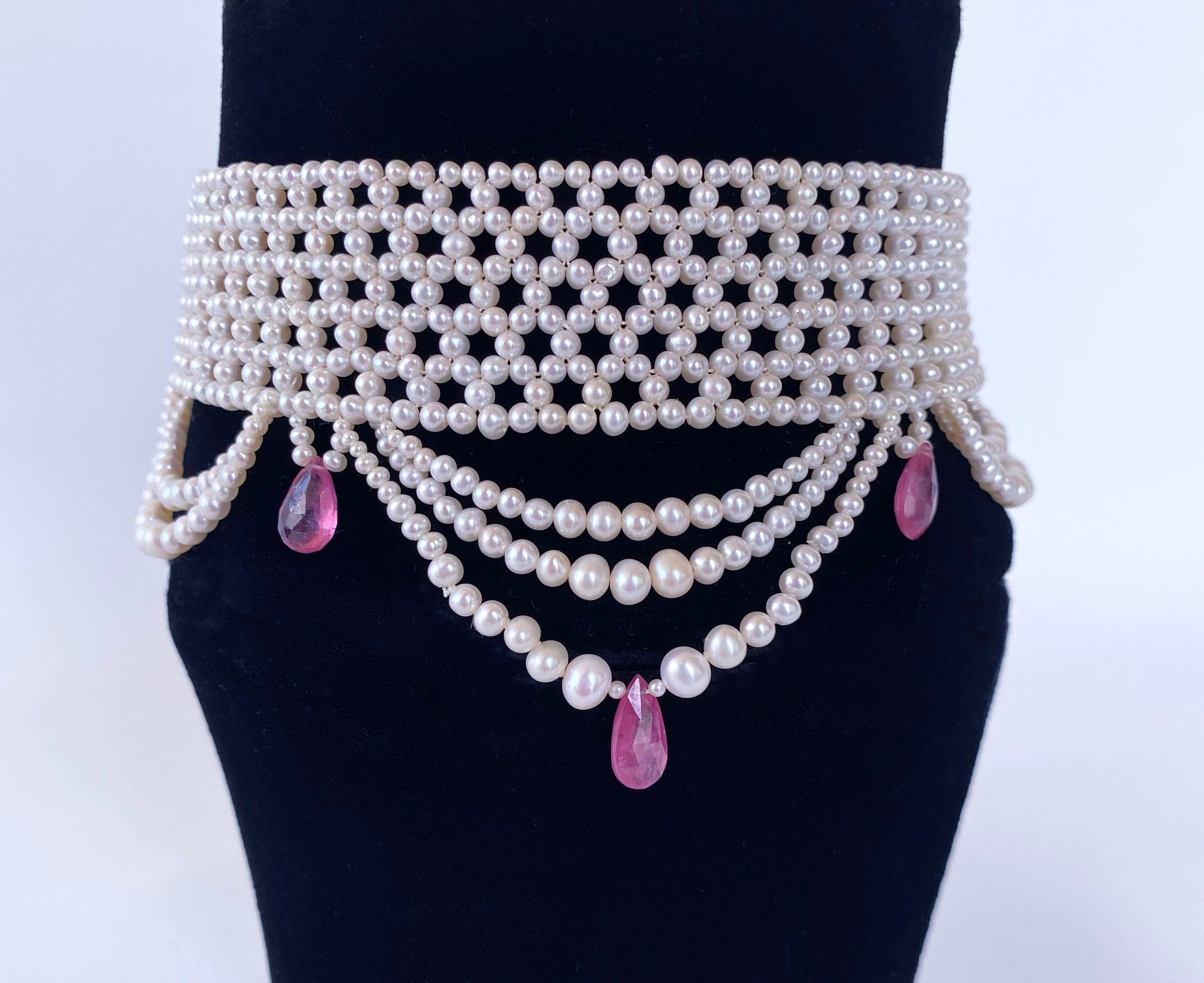 Pink Sapphire & Pearl Woven Choker with Rhodium Plated Silver Clasp - Image 11