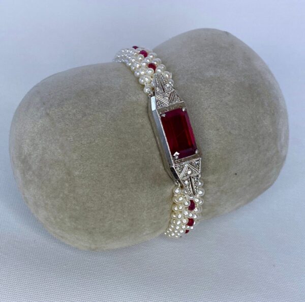 Ruby, Diamond & Pearl Bracelet with Antique 14k White Gold