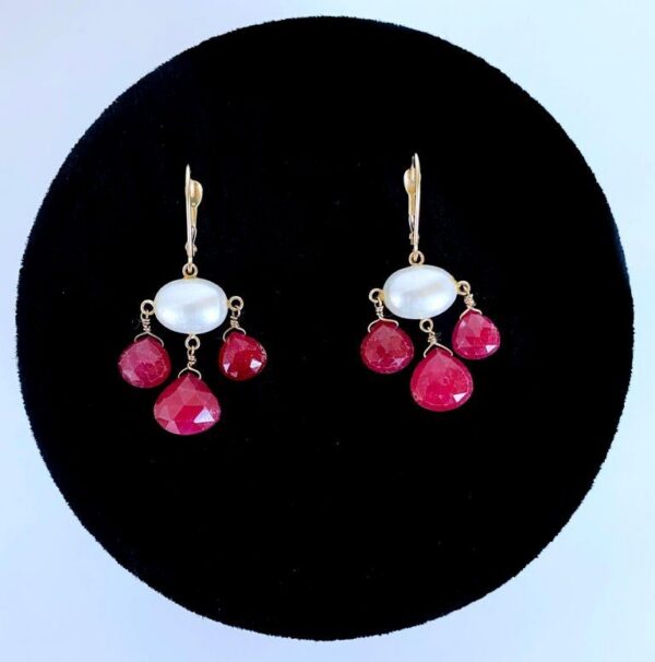 Valentine Ruby, Pearl & 14k Yellow Gold Lever Back Chandelier Earrings