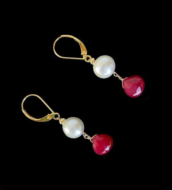 Ruby, Pearl & 14k Yellow Gold Lever Back Earrings