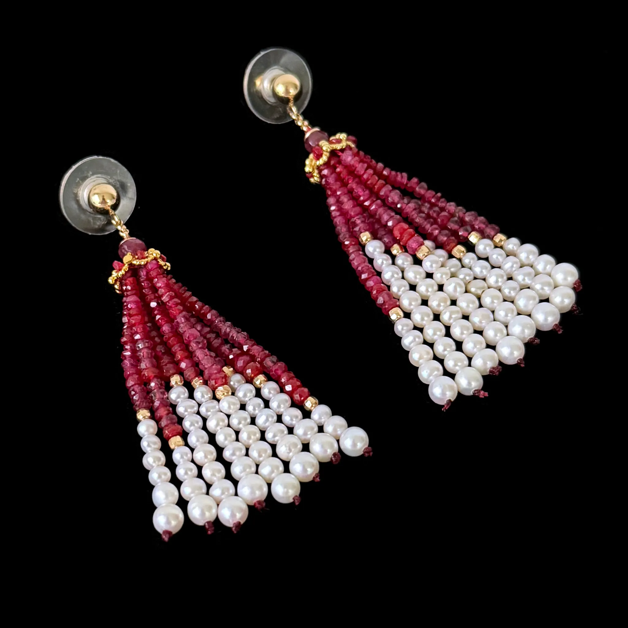 Ruby, Pearl & 14k Graduated Tassel Earrings - Image 2