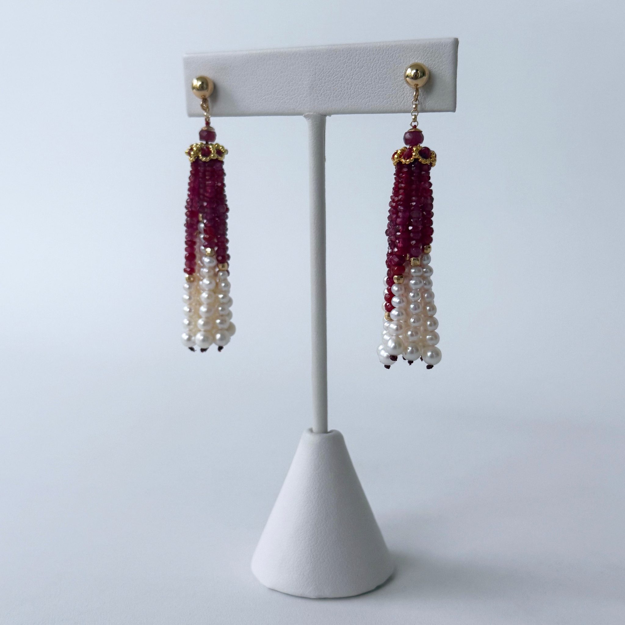 Ruby, Pearl & 14k Graduated Tassel Earrings - Image 3