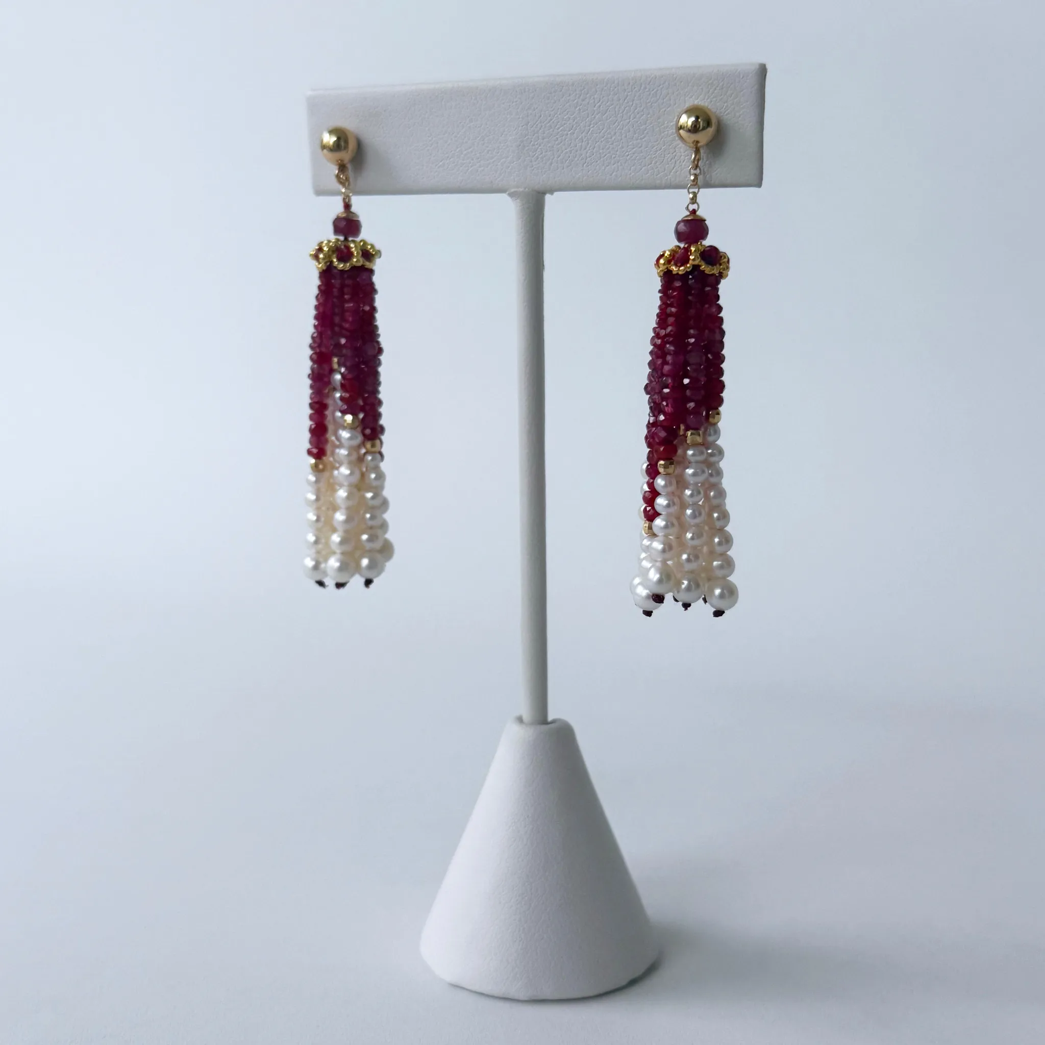 Ruby, Pearl & 14k Graduated Tassel Earrings - Image 4