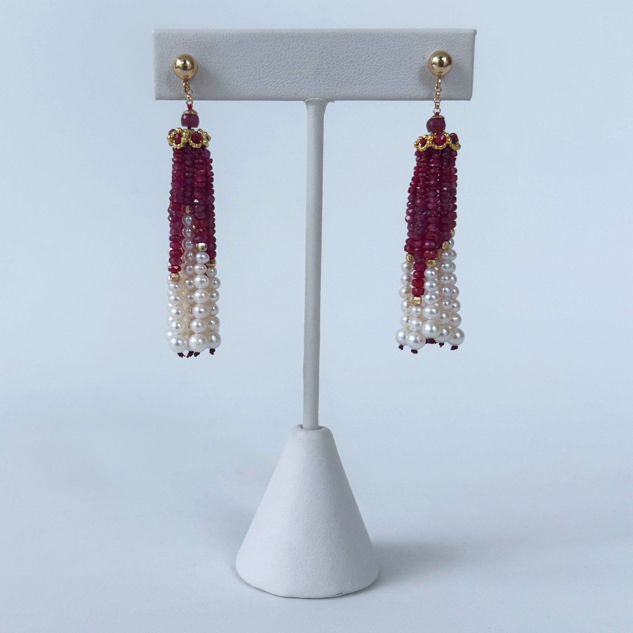 Ruby, Pearl & 14k Graduated Tassel Earrings - Image 5