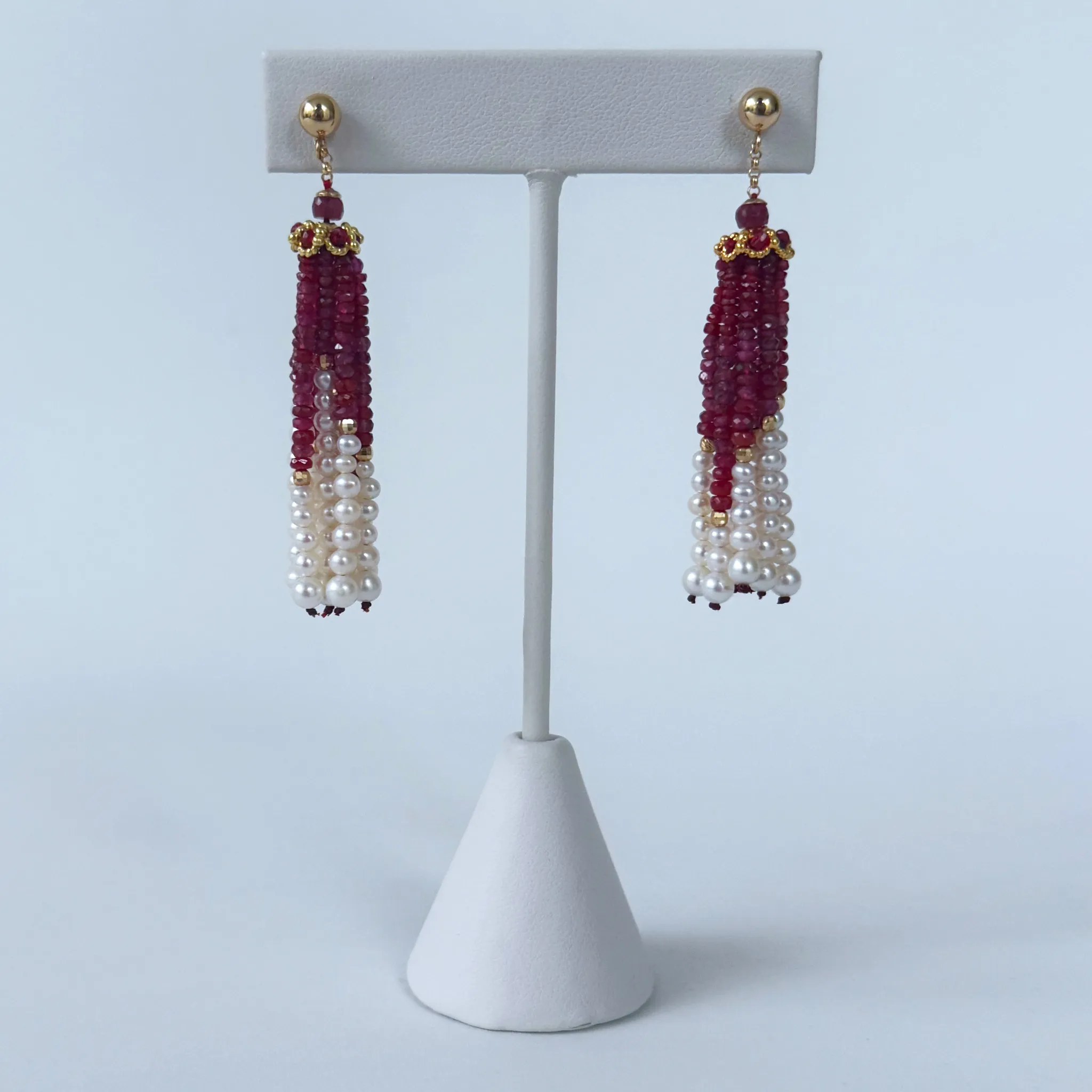 Ruby, Pearl & 14k Graduated Tassel Earrings - Image 6