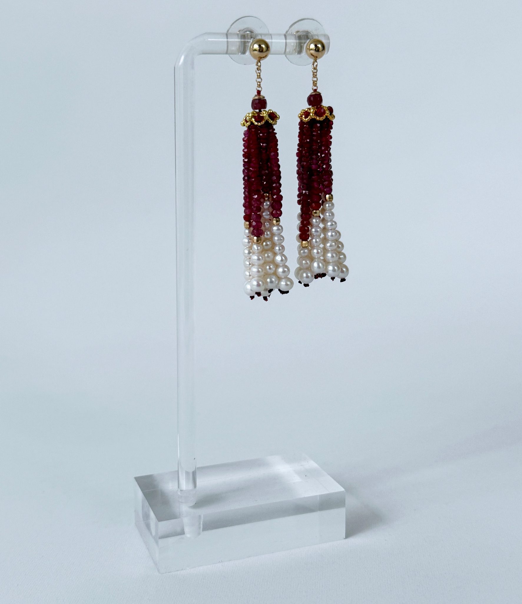 Ruby, Pearl & 14k Graduated Tassel Earrings - Image 7