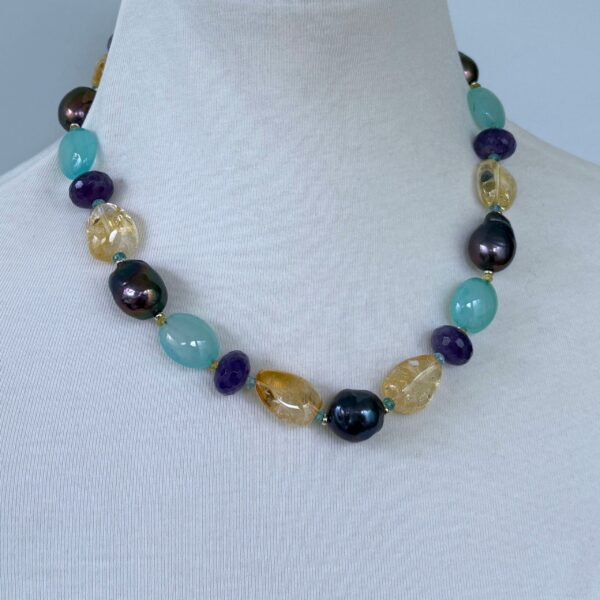 Short Multi Stone Adjustable Necklace with Solid 14k Yellow Gold