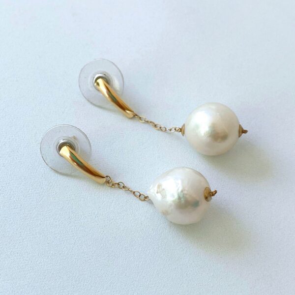 Dangle Pearl Earrings with Solid 14k Yellow Gold Chain & Bars