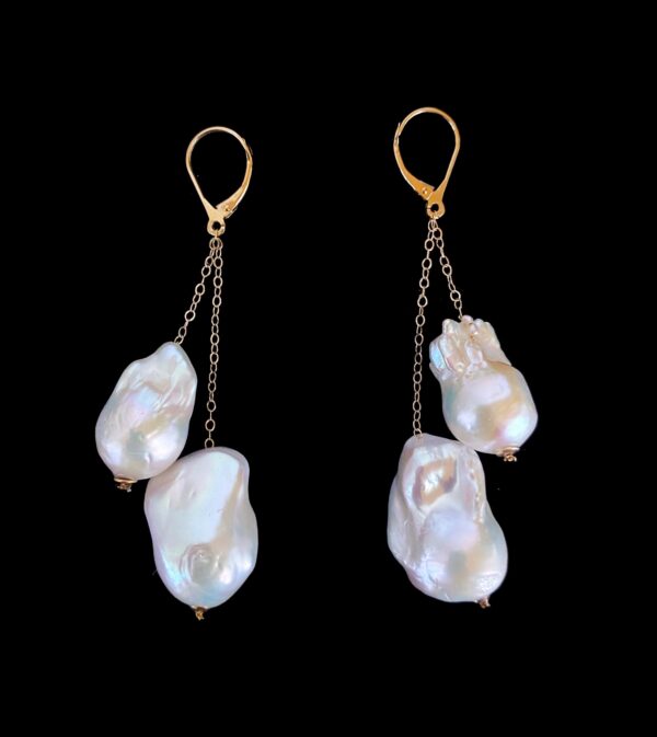 Solid 14k Yellow Gold Dangle Baroque Pearl Earrings w Lever Back Hooks
