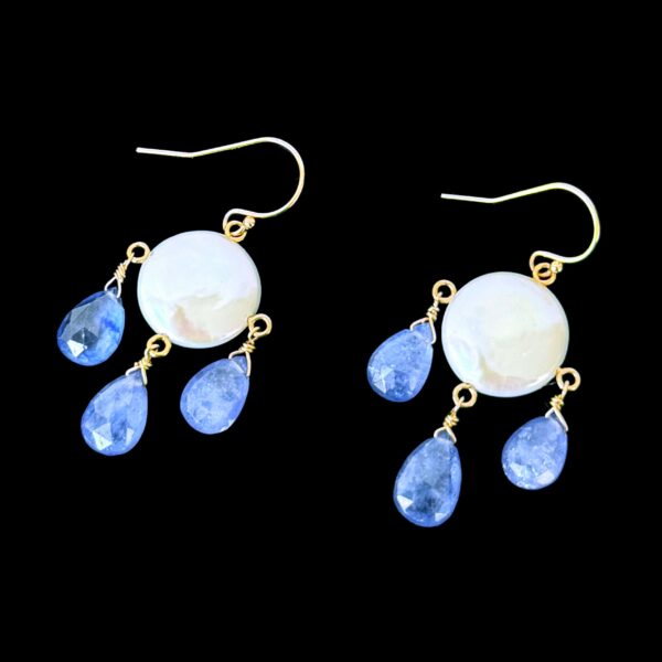 Tanzanite, Coin Pearl & 14k Chandelier Earrings