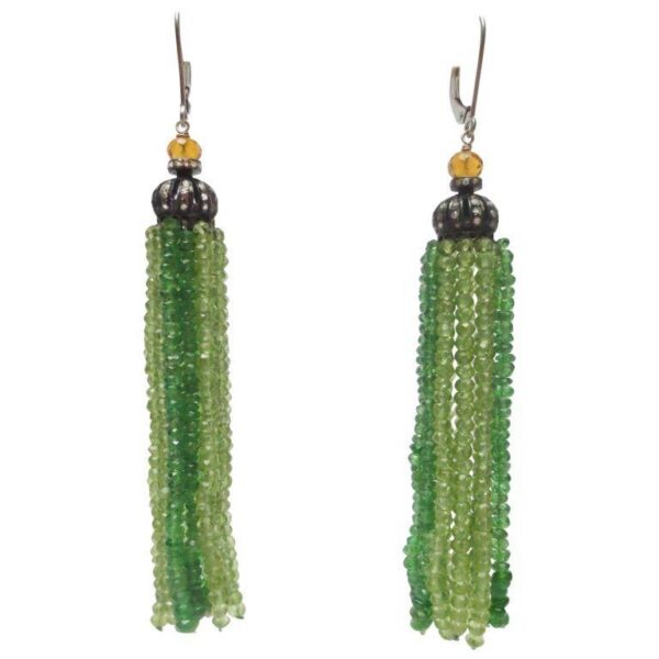Green Tsavorite, Peridot, Citrine & Diamond tassel Earrings with Silver