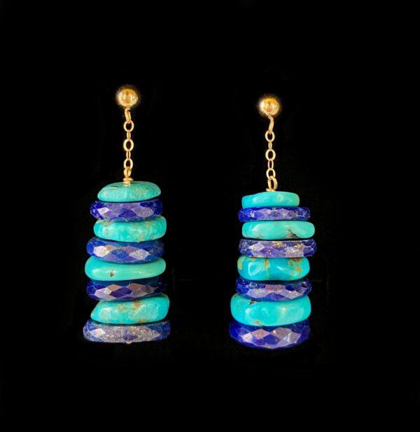 Turquoise, Lapis Lazuli & Solid 14k Yellow Gold Earrings