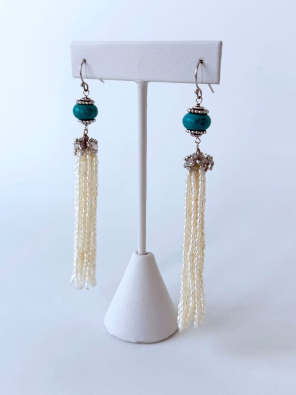 Turquoise, Seed Pearl & Silver Dangle Earrings