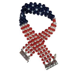 Unisex Pearl, Lapis & Coral Woven American Flag Bracelet with 14k Gold