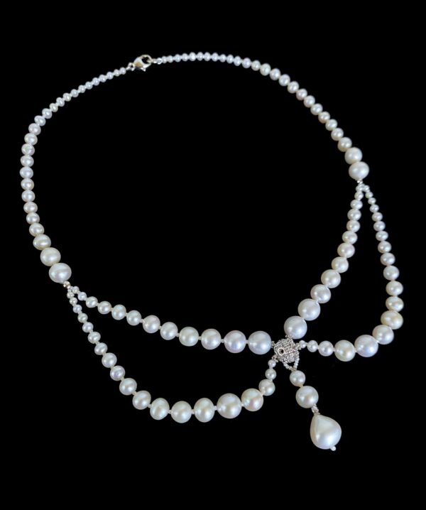 Victorian Inspired Pearl and Rhodium Draped Romance Necklace