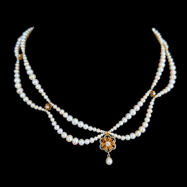 10k Gold Diamond & Pearl Draped Adjustable Necklace