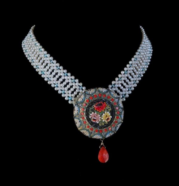 Vintage Mosaic Necklace with Aquamarine & Coral