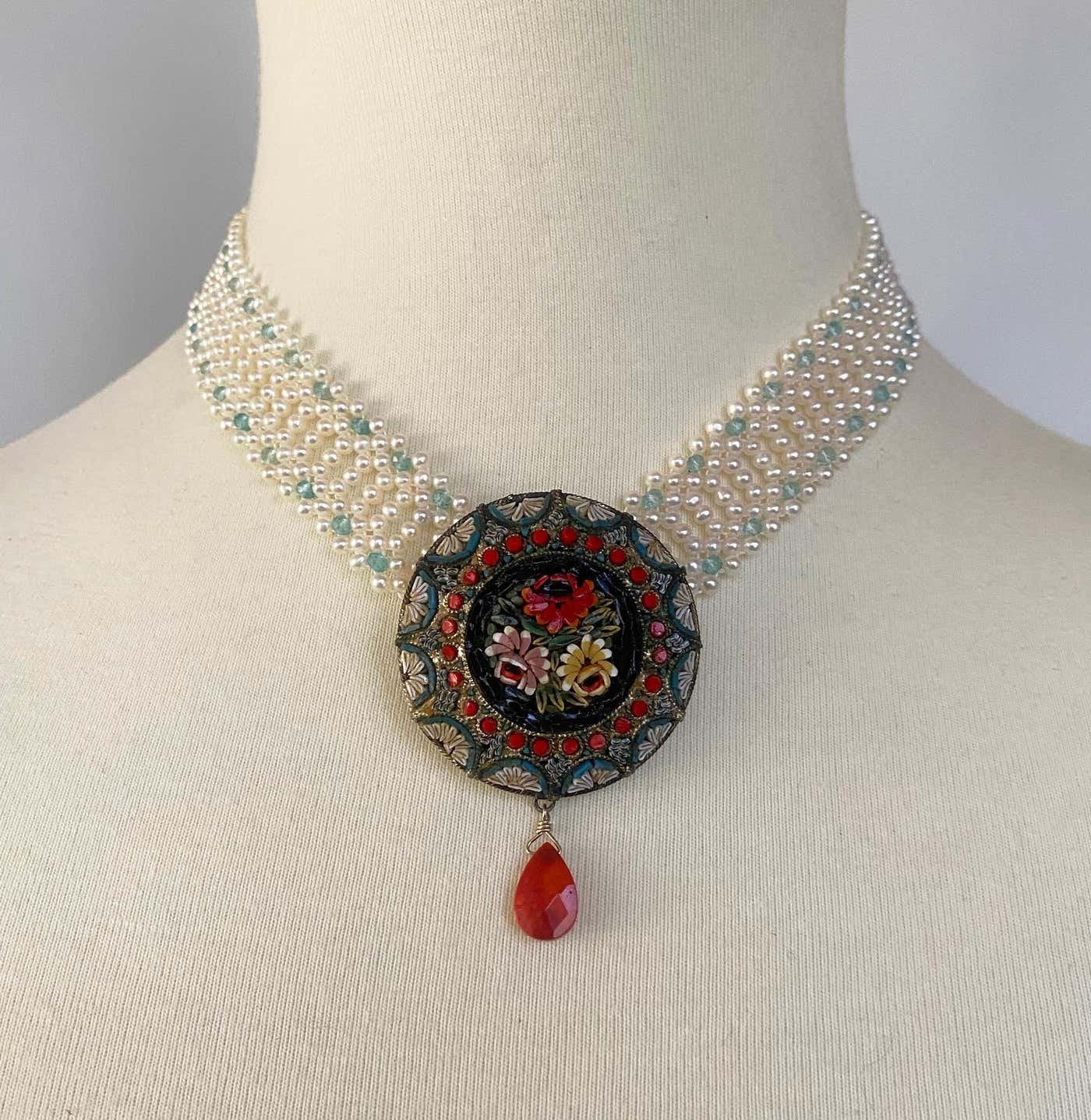 Vintage Mosaic Necklace with Aquamarine & Coral - Image 3