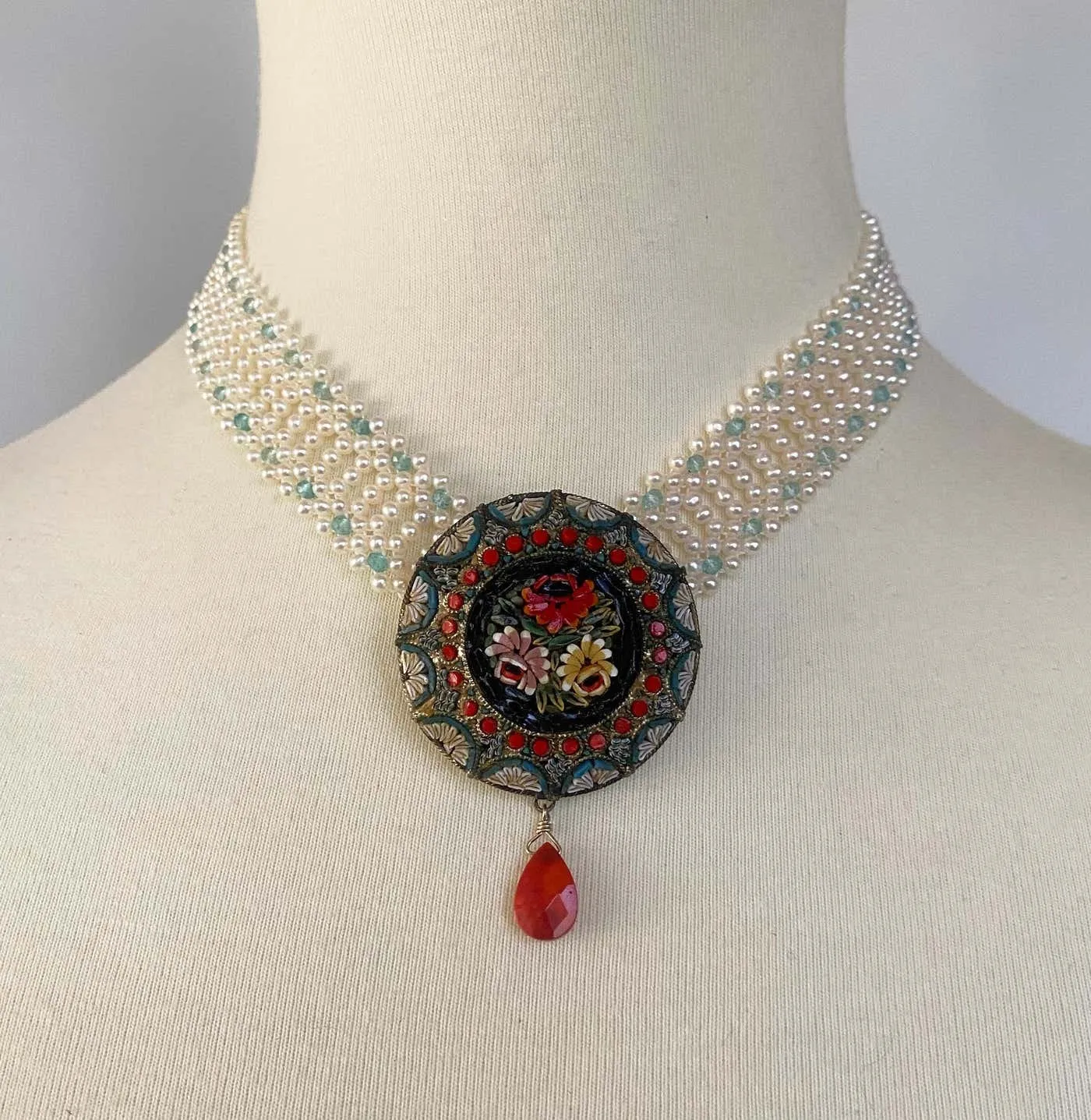 Vintage Mosaic Necklace with Aquamarine & Coral - Image 4