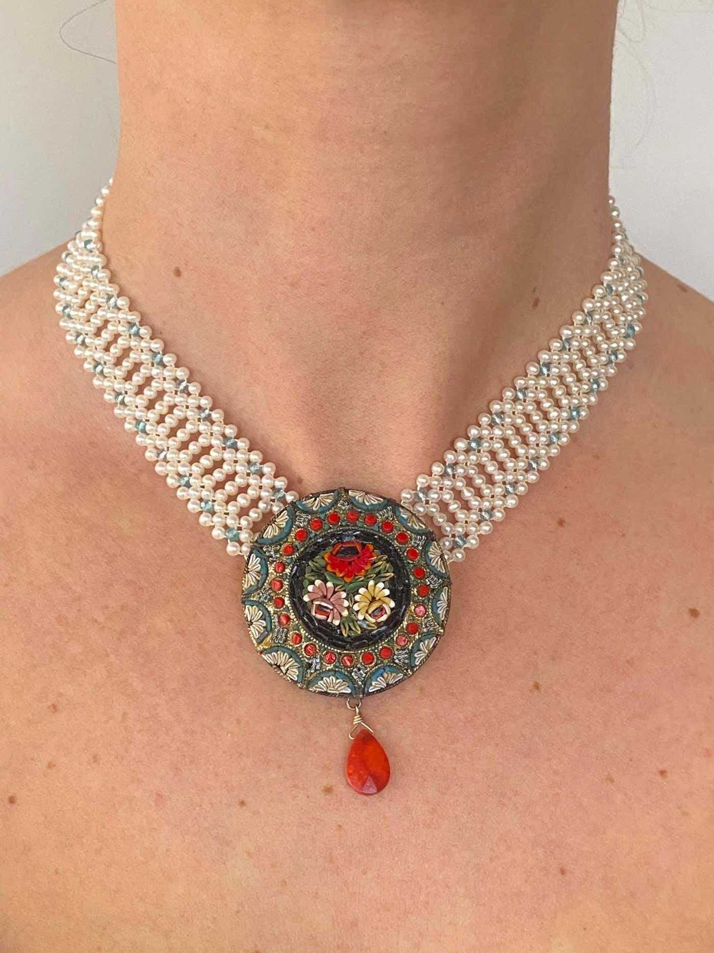 Vintage Mosaic Necklace with Aquamarine & Coral - Image 5