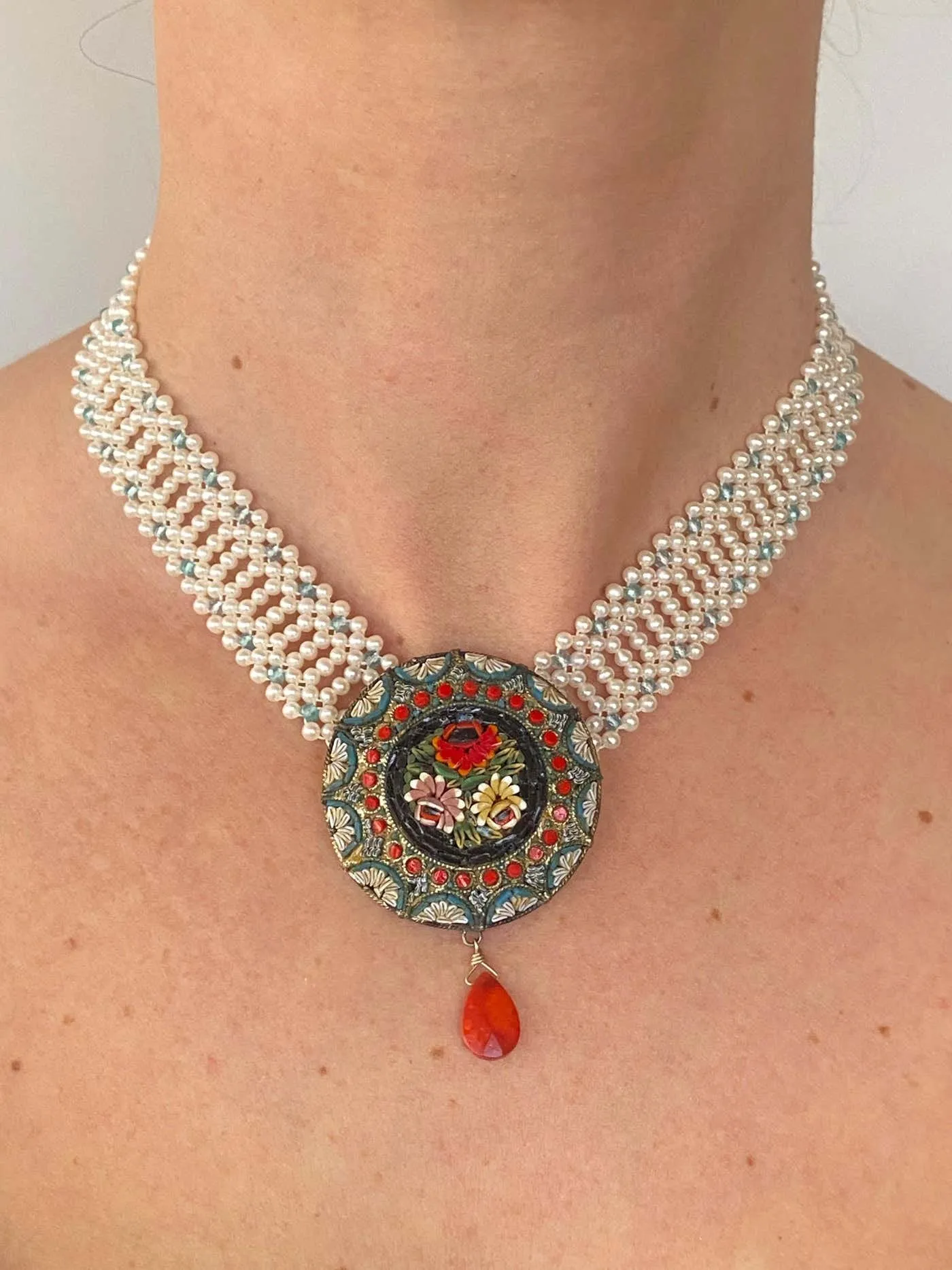 Vintage Mosaic Necklace with Aquamarine & Coral - Image 6