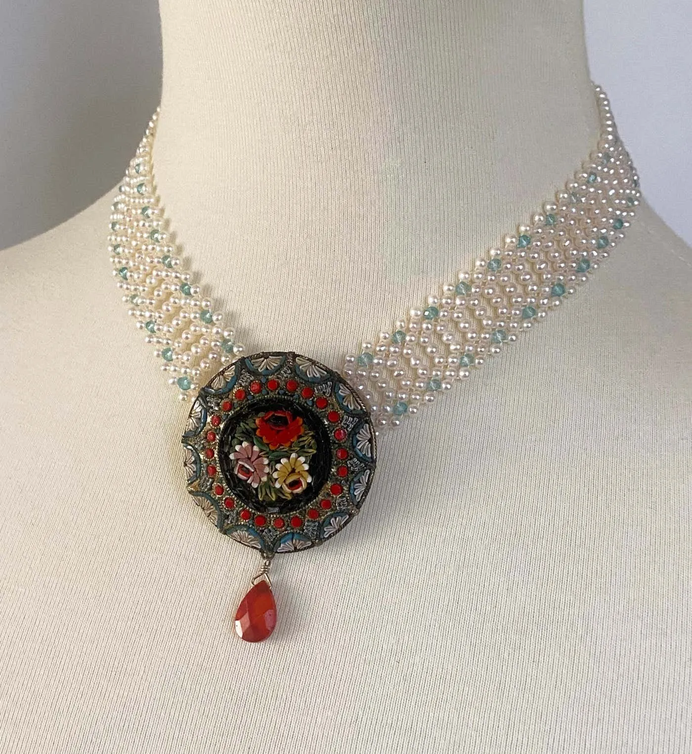 Vintage Mosaic Necklace with Aquamarine & Coral - Image 10
