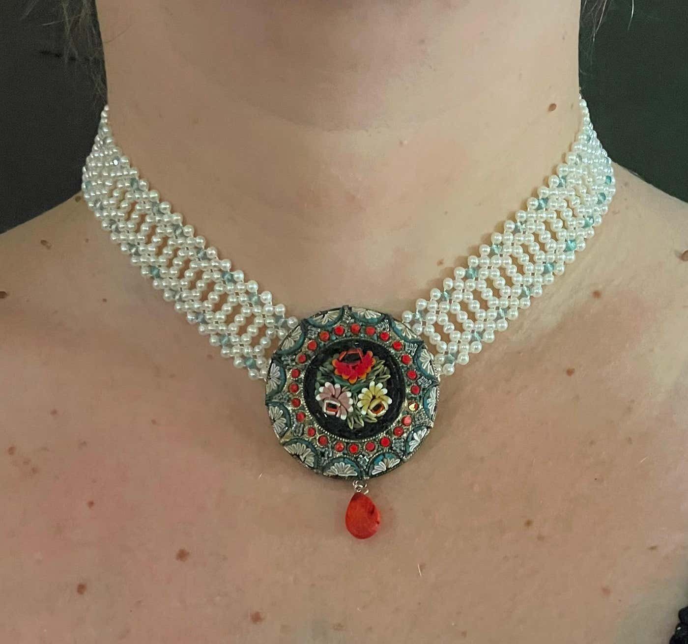 Vintage Mosaic Necklace with Aquamarine & Coral - Image 11