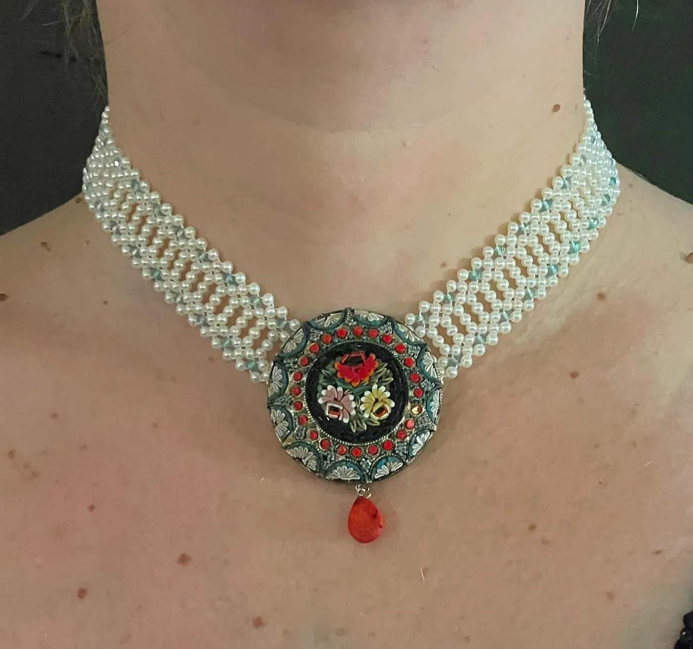 Vintage Mosaic Necklace with Aquamarine & Coral - Image 12