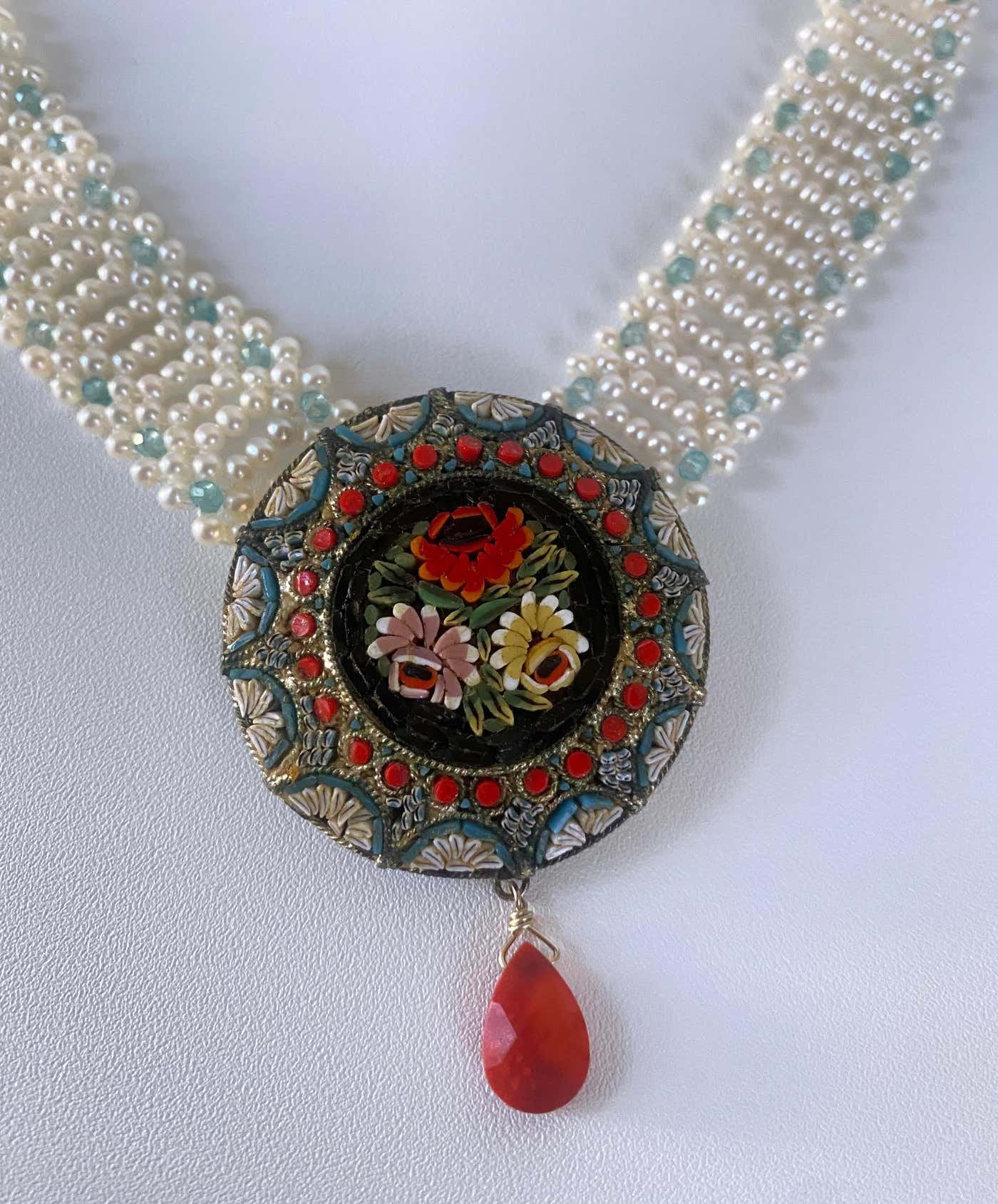 Vintage Mosaic Necklace with Aquamarine & Coral - Image 13