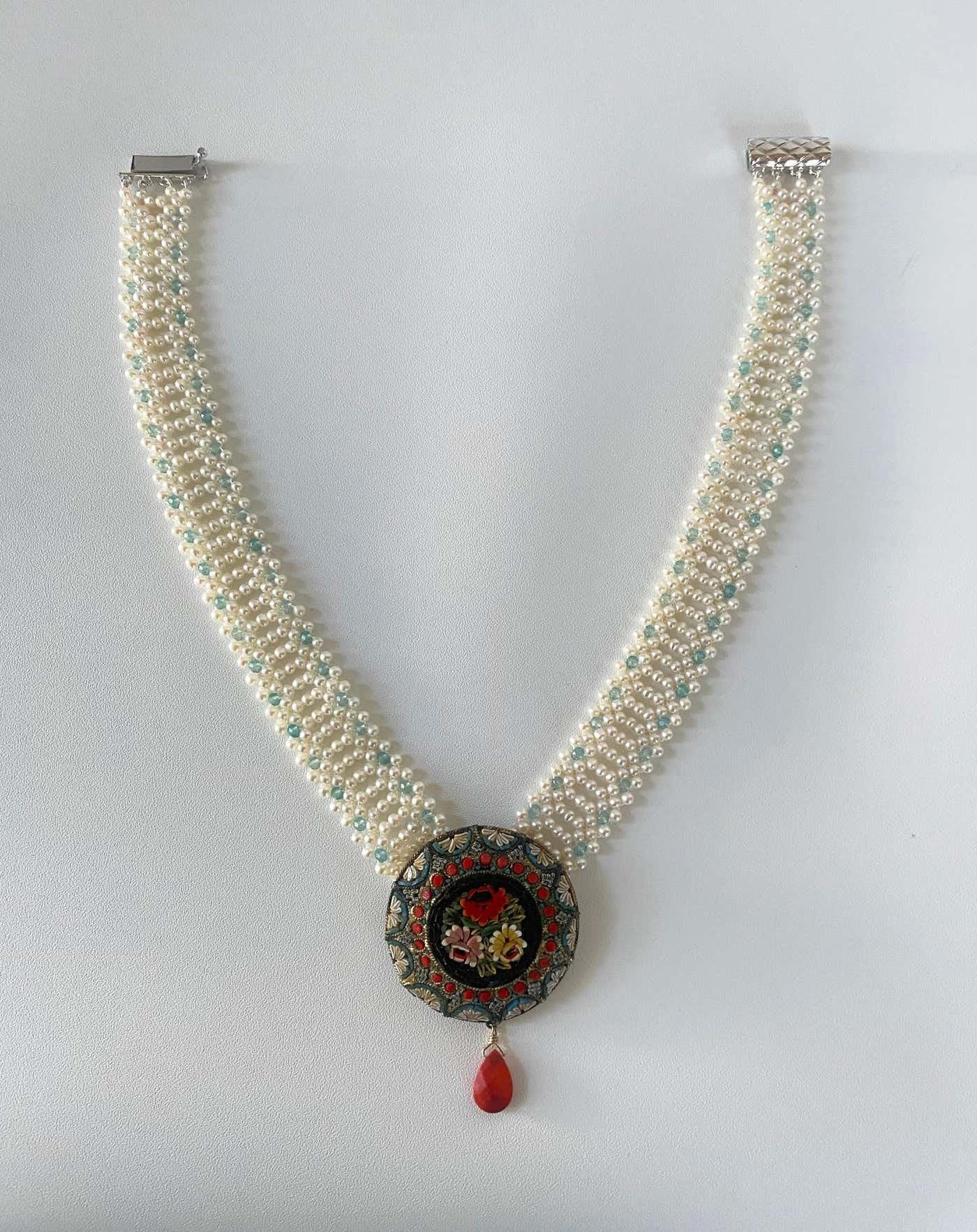 Vintage Mosaic Necklace with Aquamarine & Coral - Image 15