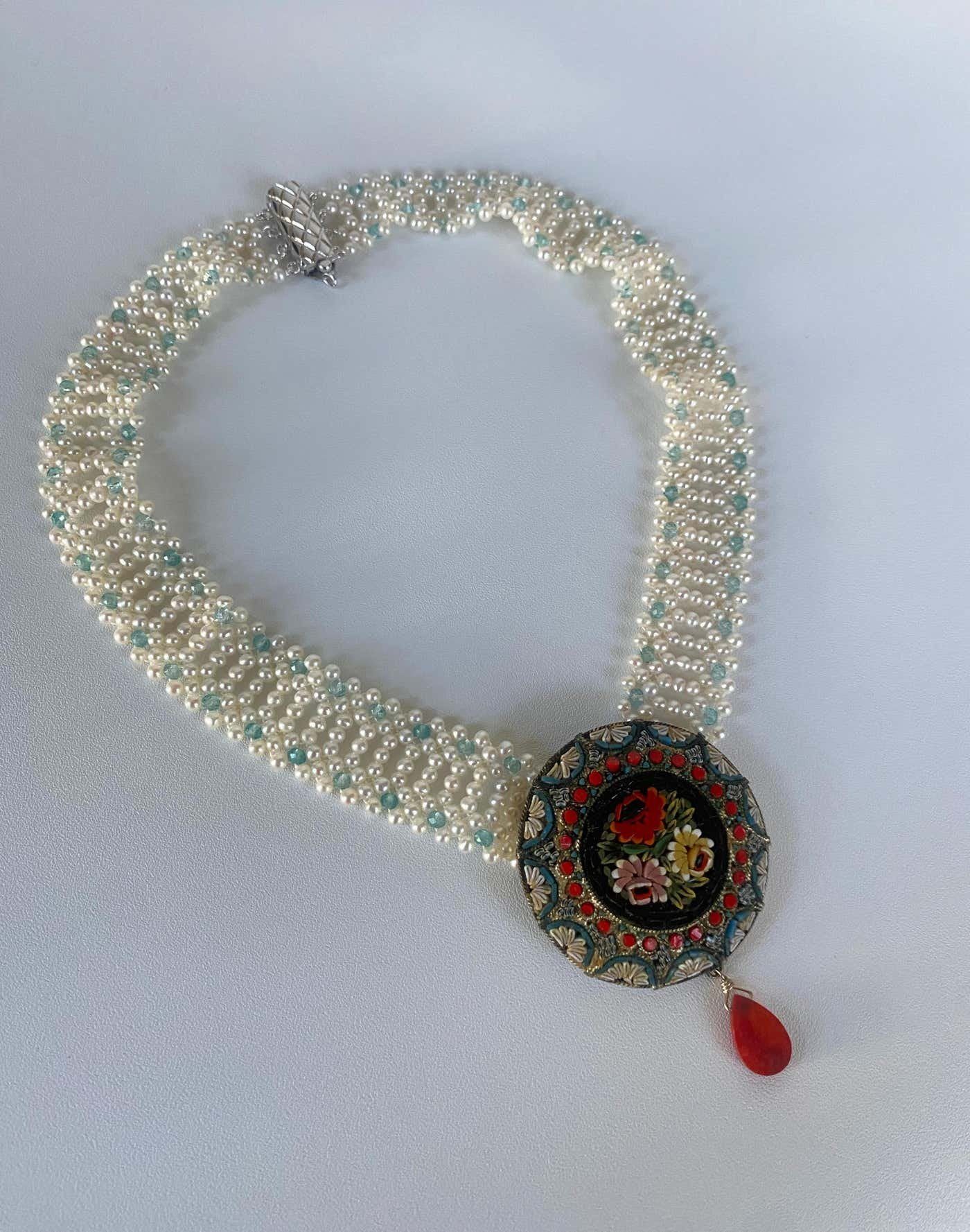 Vintage Mosaic Necklace with Aquamarine & Coral - Image 17