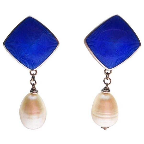 Vintage Sterling Silver, Enamel & White Pearl Clip-On Earrings
