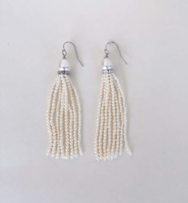 White cultured Pearl Tassel Earrings with 14K White Gold
