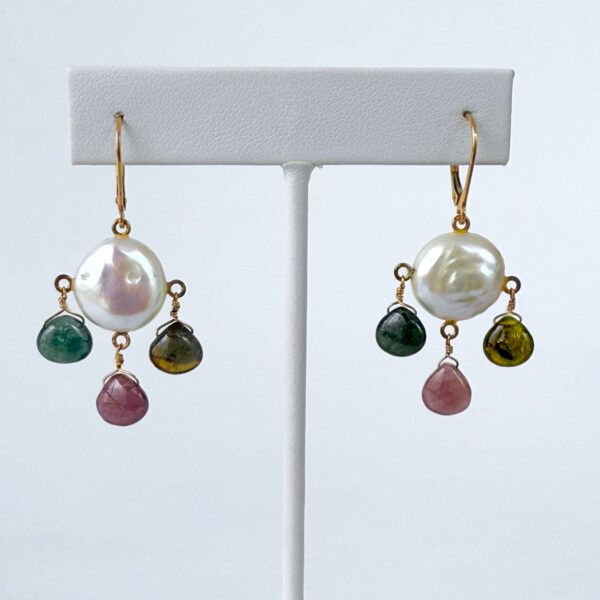 Chandelier Earrings with Pearl, Multicolored Tourmaline & Solid 14k Lever Back Hooks