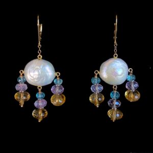 White Pearl Earrings with Amethyst, Topaz, Citrine and 14 Karat Gold