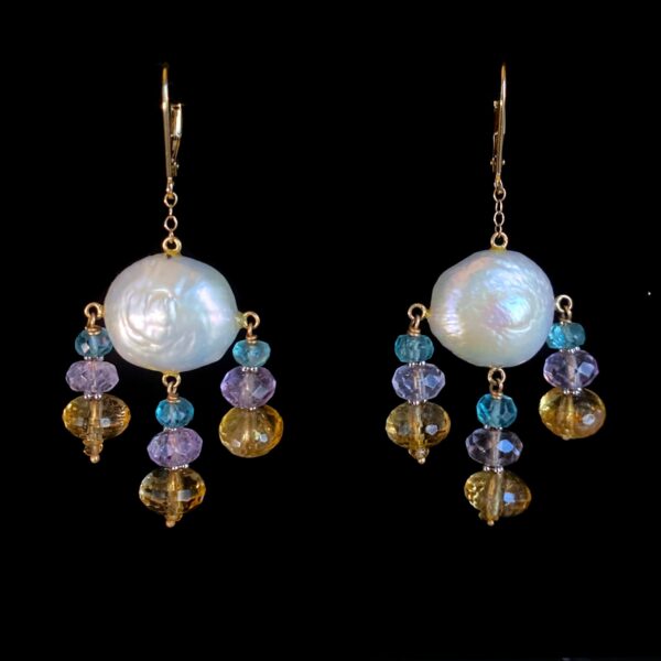 White Pearl Earrings with Amethyst, Topaz, Citrine and 14 Karat Gold