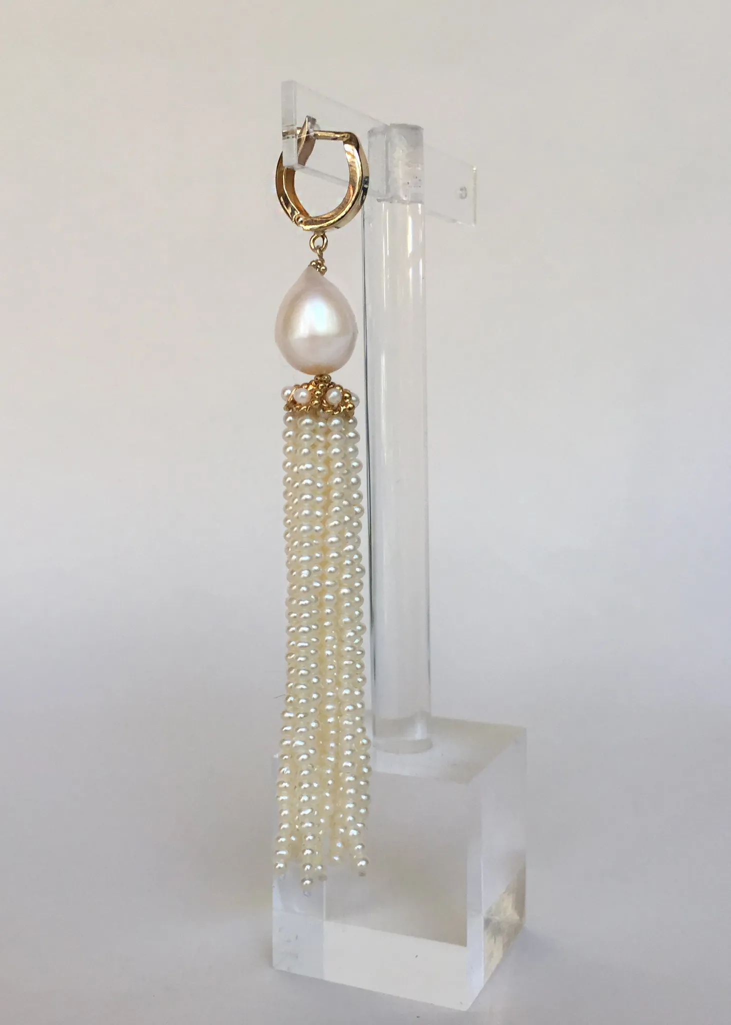 White Pearl Tassel Earrings with 14 Karat Yellow Gold Cup and Lever Back - Image 2