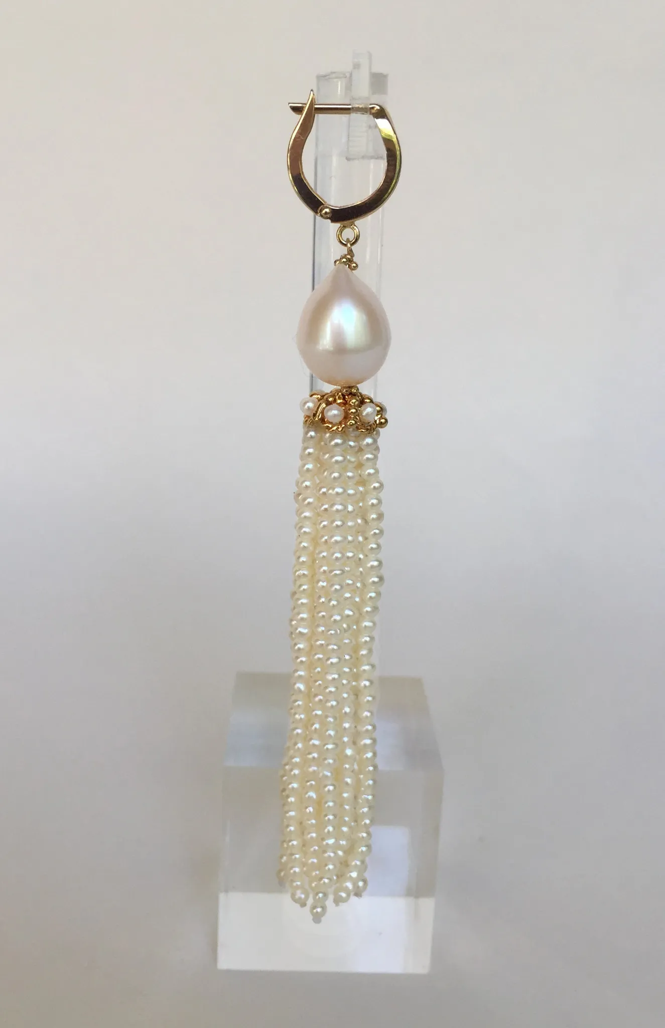 White Pearl Tassel Earrings with 14 Karat Yellow Gold Cup and Lever Back - Image 3