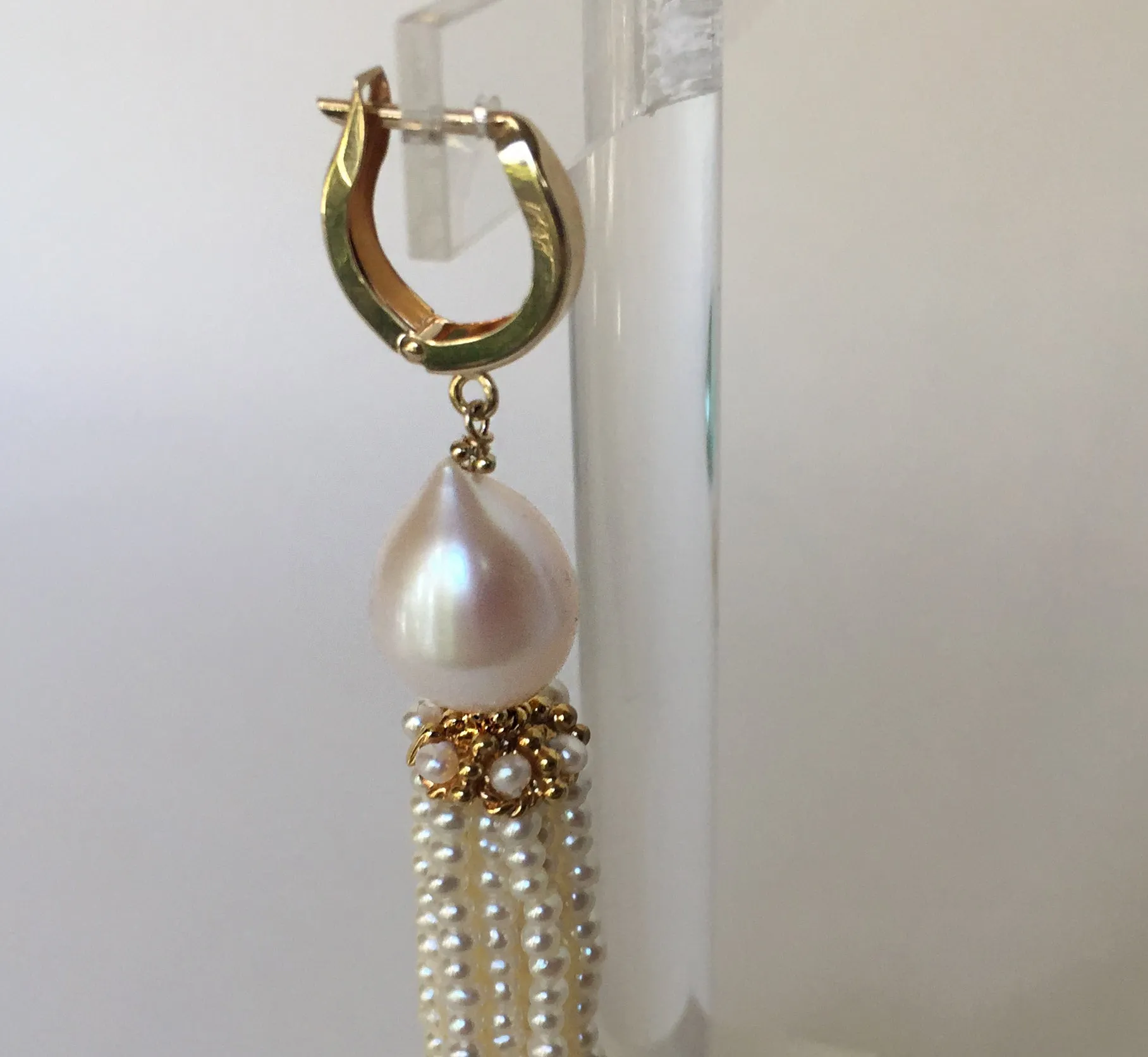 White Pearl Tassel Earrings with 14 Karat Yellow Gold Cup and Lever Back - Image 4