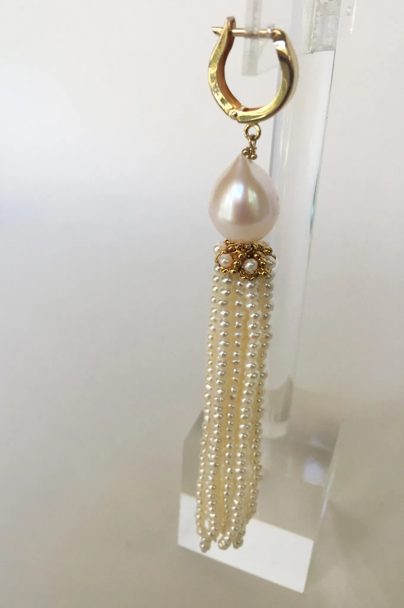 White Pearl Tassel Earrings with 14 Karat Yellow Gold Cup and Lever Back - Image 5