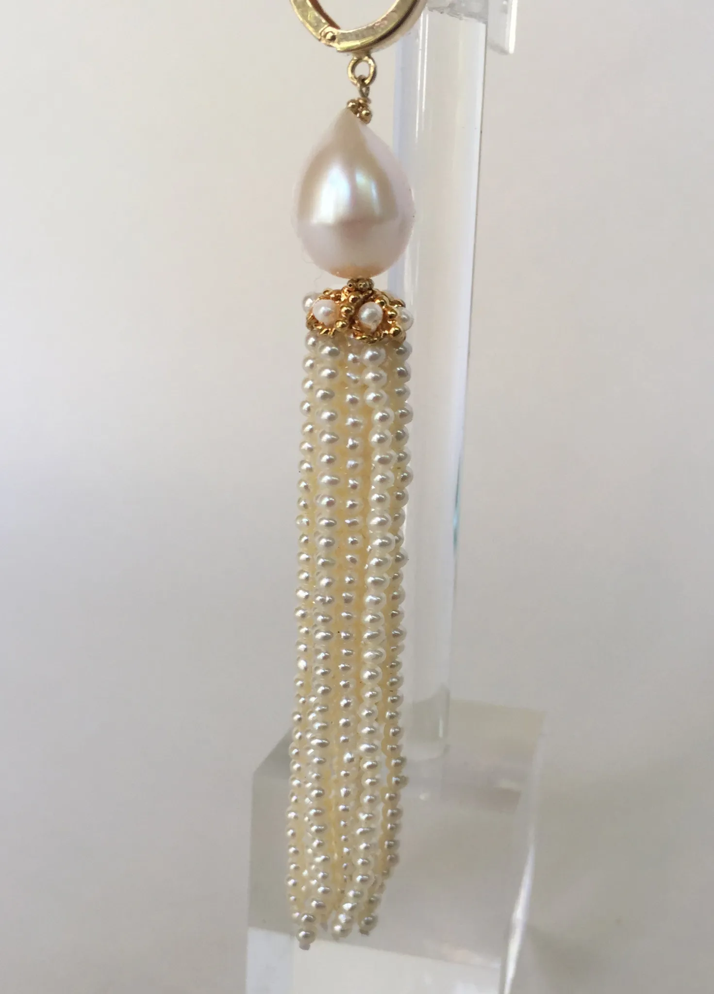 White Pearl Tassel Earrings with 14 Karat Yellow Gold Cup and Lever Back - Image 6