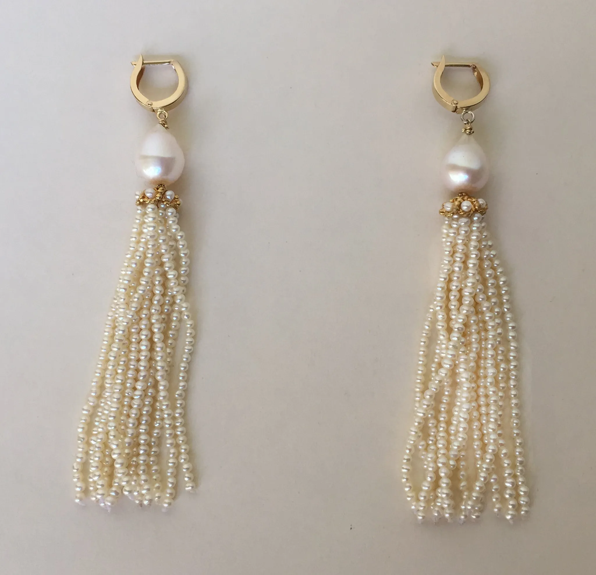 White Pearl Tassel Earrings with 14 Karat Yellow Gold Cup and Lever Back - Image 7