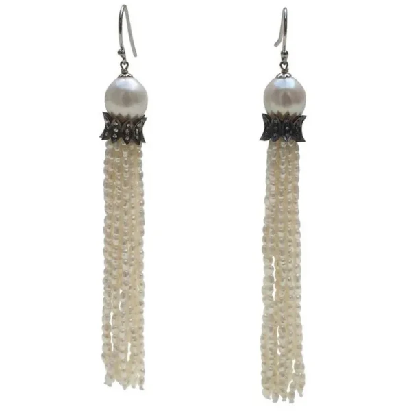 White Pearl Tassel Earrings with Diamonds and 14 K White Gold Hooks