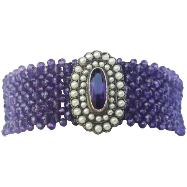 Woven Amethyst Beaded Bracelet with Silver Clasp & Centerpiece