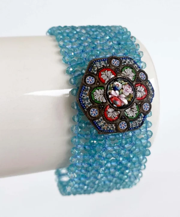 Woven Aquamarine Bracelet with Vintage Mosaic Centerpiece & Gold