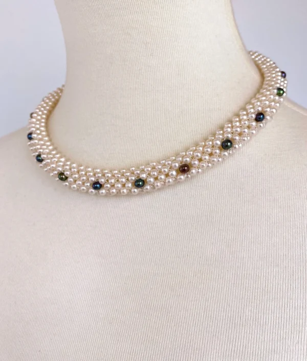 Woven Black & White Pearl Rope Necklace with 14K Yellow Gold Clasp