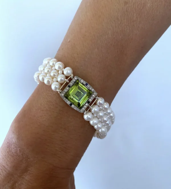 Woven Pearl Band with Peridot, Sapphire & Diamond 14k Gold Centerpiece