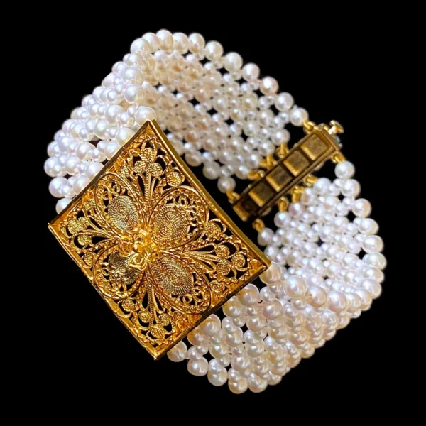 Woven Pearl Bracelet with 18k Yellow Gold Floral Centerpiece & Clasp