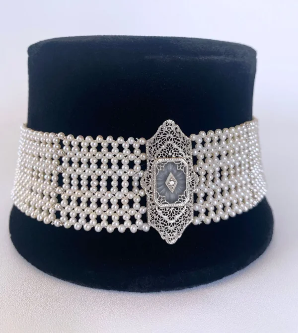 Woven Pearl Choker with 14k Gold Vintage Centerpiece and Diamond