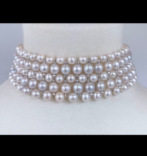 Woven Pearl Choker with White Gold Plated Faceted Beads & Clasp